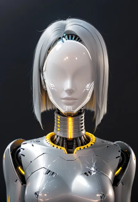 A 35mm photo of a beautiful broken robotic woman, she has a faceless robotic head, robot, silver hair, smooth dark grey metallic featureless feminine body, sparks coming from her damaged neck
no face