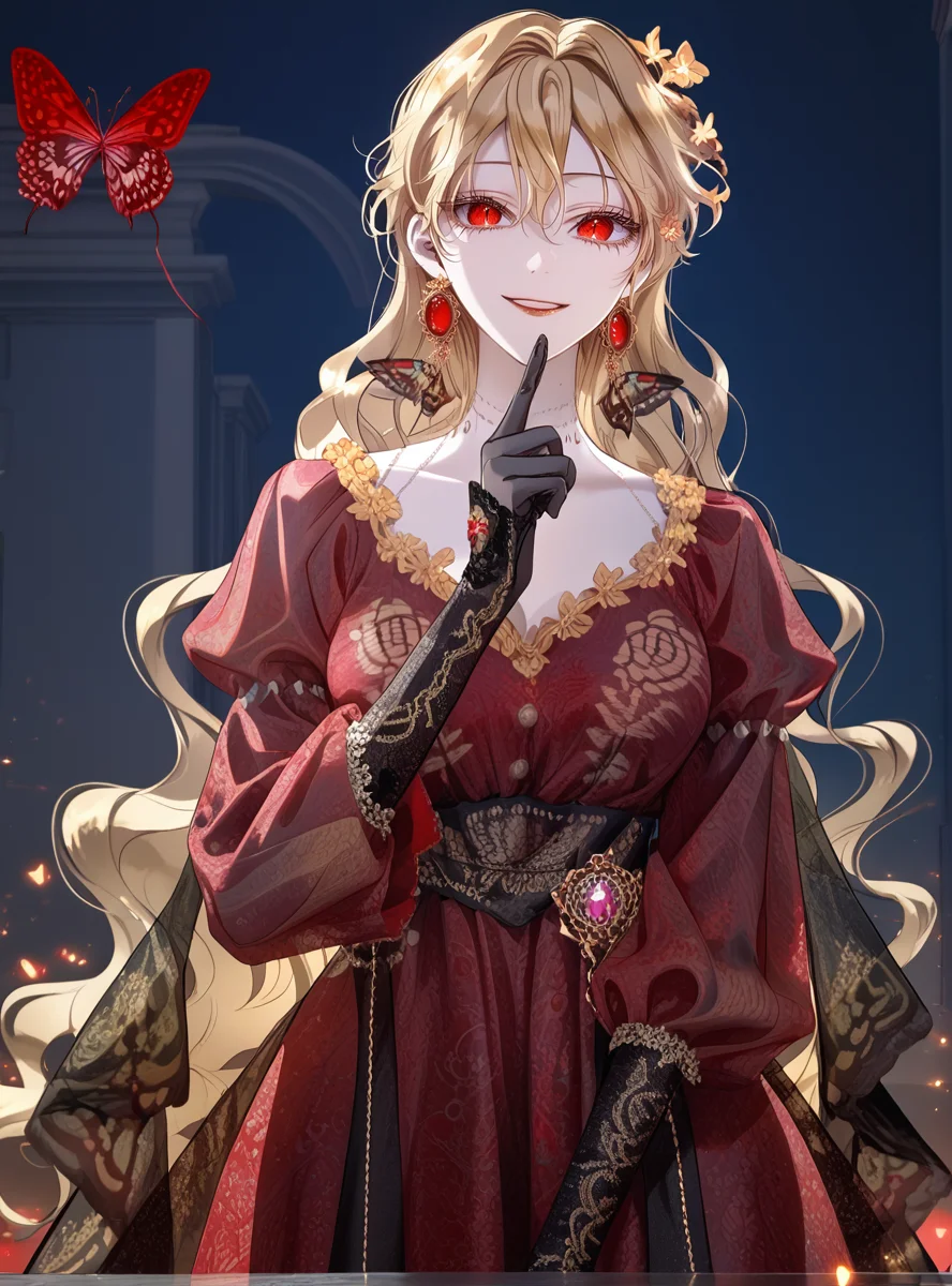 better skin,(score_9_up:1.2),(score_8_up:1.2),(score_7_up:1.2),expressiveh, ,1girl,Masterpiece,(perfect female body:1.2),(detailed hair), detailed background,thick thighs, big breasts,wide hips, small waist, detailed skin, looking at viewer, big breasts, (4k),(incredibly detailed:1.4), perfect anatomy, correct sense of scale, side lighting, feminine body, shiny skin, high layer, high layer long, slim, constricted waist, nice body, lips, Sexy mouth, neatly drawn nose, beautiful fingers, beautiful white skin, Beautiful clear skin, 1girl, smile, standing, (facing viewer:1.5), looking at viewer,<lora:Roxana_Agrece_-_PONY-Kaleid:1> Roxana agrece, 1girl, long hair, yellow eyelashes, slit pupils, bangs, red eyes, blonde hair, gem, earring, hair ornament, flower, lipstick, butterfly, red dress, black gloves, hair between eyes, long sleeves, red lips,