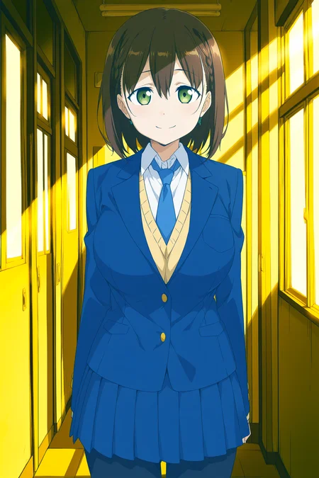 anime screencap, anime coloring, detailed face, masterpiece, best quality, very aesthetic, absurdres, volumetric lighting, official style, amazing quality, ultra detailed, highres, amazing quality, scenery, beautiful detailed hair, beautiful detailed eyes,
<lora:Ai-chan_Tawawa_on_Monday:.9>
official style,
Ai-chan (character), 1girl, solo, blue necktie, skirt, school uniform, cute smile, large breasts, short hair, jacket, dark brown hair, dark green eyes, pantyhose,
cowboy shot