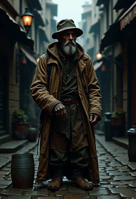 Rancid Ron is depicted as a figure of both repulsion and bizarre reverence in the shadowy streets of Ankh-Morpork. A gaunt, ragged beggar wrapped in layers of mismatched, tattered clothing, he wears a hat thatâs been patched and mended countless times, and clutches a battered tin cup for collecting alms. His odorâa complex bouquet of unwashed wool, rotten vegetables, and something distinctly fungalâwafts visibly through the air, creating a palpable haze around him that even the cityâs resilient inhabitants seem to avoid. Standing in the damp, cobblestone streets amid the fog and dim lamplight, Rancid Ron appears less like a man and more like an eccentric urban legend, with his aura marking his territory as a high-ranking member of the beggarsâ guild. The scene reflects the grime and quirkiness of Ankh-Morpork, capturing its eccentric charm and the distinctive, grimy characters that populate the Discworld.