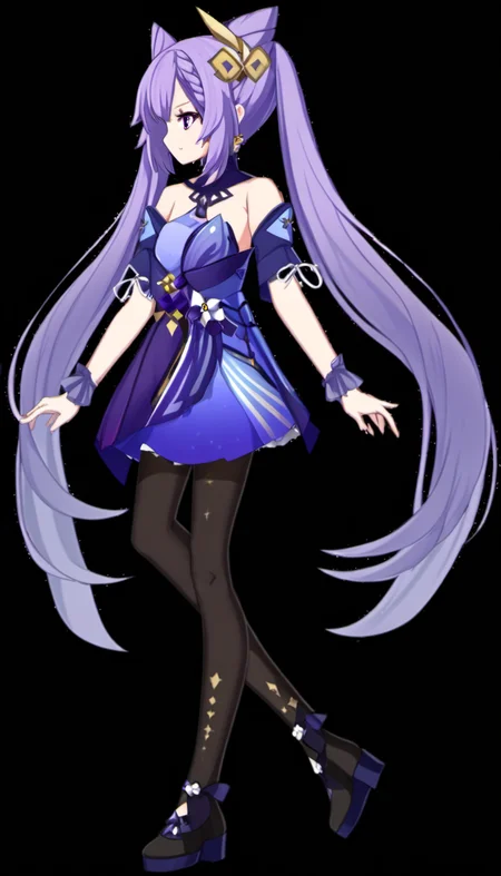 keqing (genshin impact) ï¼guanfuï¼purple hair ï¼twintailsï¼ hair ornament ï¼bare shoulders ï¼cone hair bun ï¼dress ï¼hair bun ï¼detached sleeves ï¼black pantyhose, serious, light particles,
fgo sprite, full body
<lora:fgo_sprites_xl_lora-step00007000:1> <lora:keqing3:1>