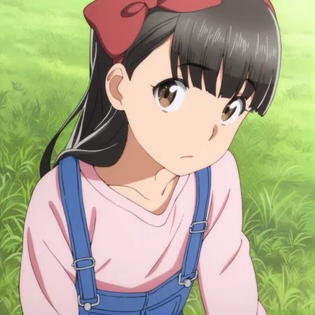 masterpiece, best quality, score_9,
<lora:Hitomi_hinamatsuri_v11:1>, hitomi_il, 1girl, solo, brown_hair, bangs, hair_between_eyes, brown_eyes, hair_ribbon, long_hair, pink_shirt, denim_overalls, grass, looking at viewer