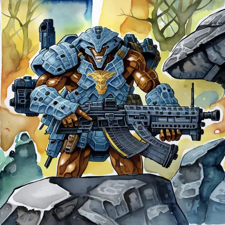 armor, rock, teeth, richard kane ferguson, jacket, dark skin, mecha, nature, sharp teeth, gun, muscular, instrument. Made in watercolor.