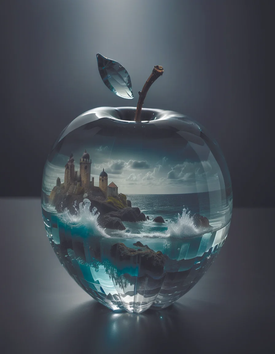 lovely double exposure image. The sea should serve as the underlying backdrop,with its details subtly incorporated into the glossy glass apple,sharp focus,double exposure,glossy glass apple,(translucent glass figure of an apple) (sea inside) lifeless,dead,glass apple,earthy colors,decadence,intricate design,hyper realistic,high definition,extremely detailed,dark softbox image,raytracing,cinematic,HDR,by diegocr,photorealistic (double exposure:1. 1),<lora:add-detail-xl:1.6>,DonMn1ghtm4reXL <lora:DonMn1ghtm4reXL:0.8>,<lora:Double_Exposure:0.7>,<lora:f412glassXL:0.6>,crystalz <lora:crystalz-sdxl:0.5>
