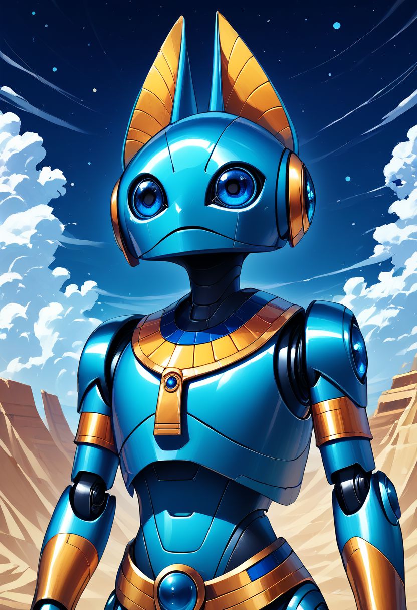 score_9, score_8_up, score_7_up,
zzEgyptian, usekh collar, gold trim, jewelry, gold, eye of horus, pharaoh's headdress, armlet,
 CivBot, blue eyes, sky, cloud, no humans, glowing, stars, science fiction, fist, clenched fist, radio antenna, upper body, blue robot,