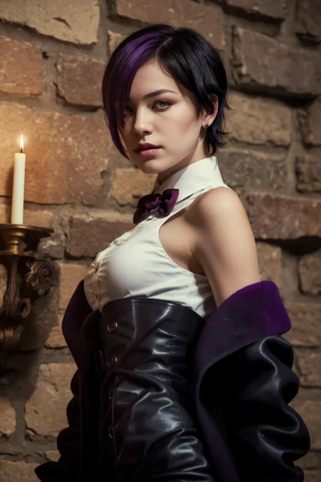 nihilo, a beautiful girl, solo,pale skin, hair over one eye, yellow eyes, short hair, black hair, white collared shirt,black open coat,off shoulder,upper body,portrait, purple hair, looking at viewer,one eye covered, sleeveless, wine bowtie, black short shorts,night , closed mouth, center frills, streaked hair, medium breasts, red brooch, underbust,black corset, black gloves,dark,indoors, candlelight, stone wall,(from side:0.8), (best quality, masterpiece,realistic) <lora:nihilo_v1:1>