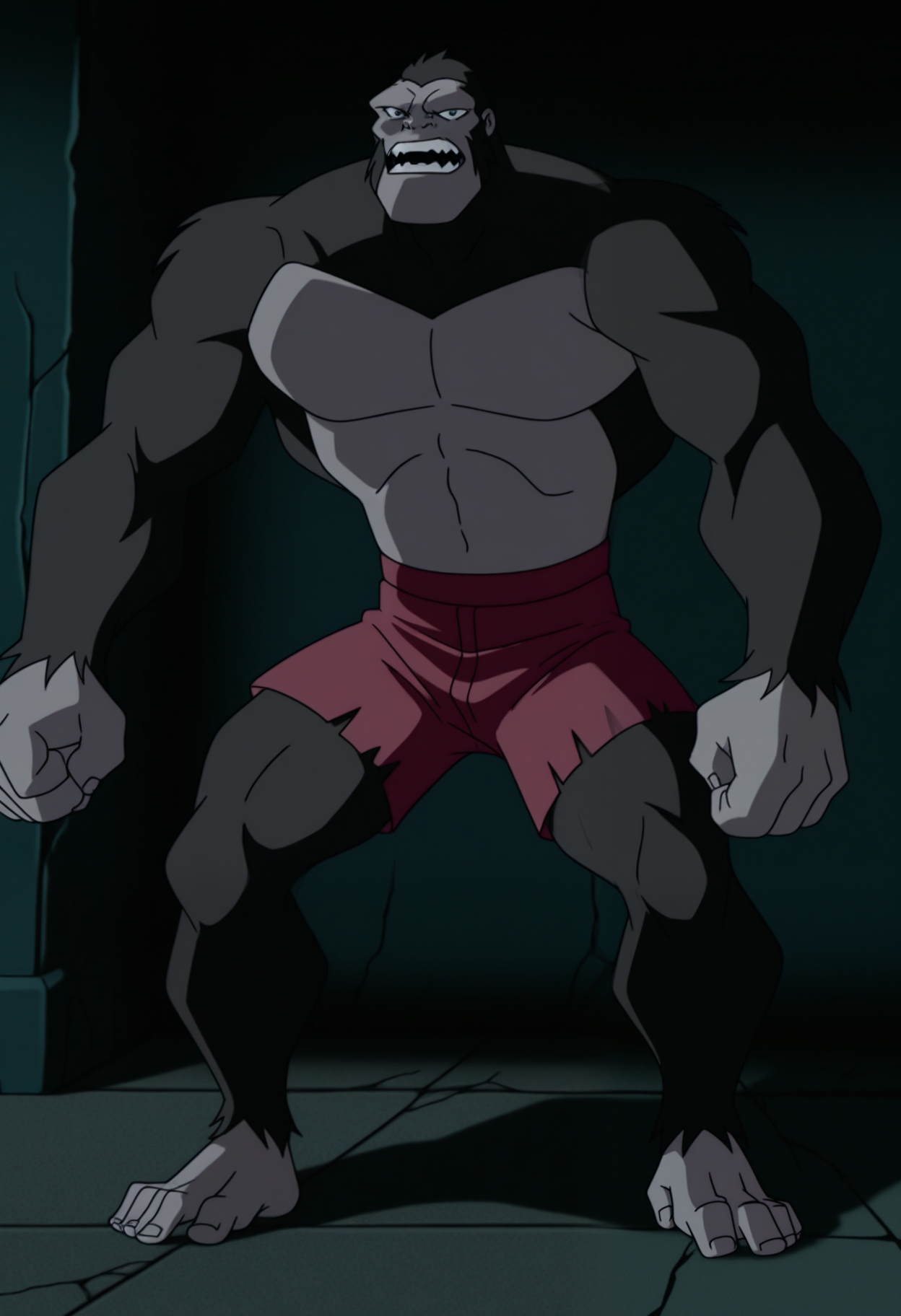 masterpiece,best quality,amazing quality, 1boy, solo, g0r1ll404, gorilla boy,  torn red shorts, full body,