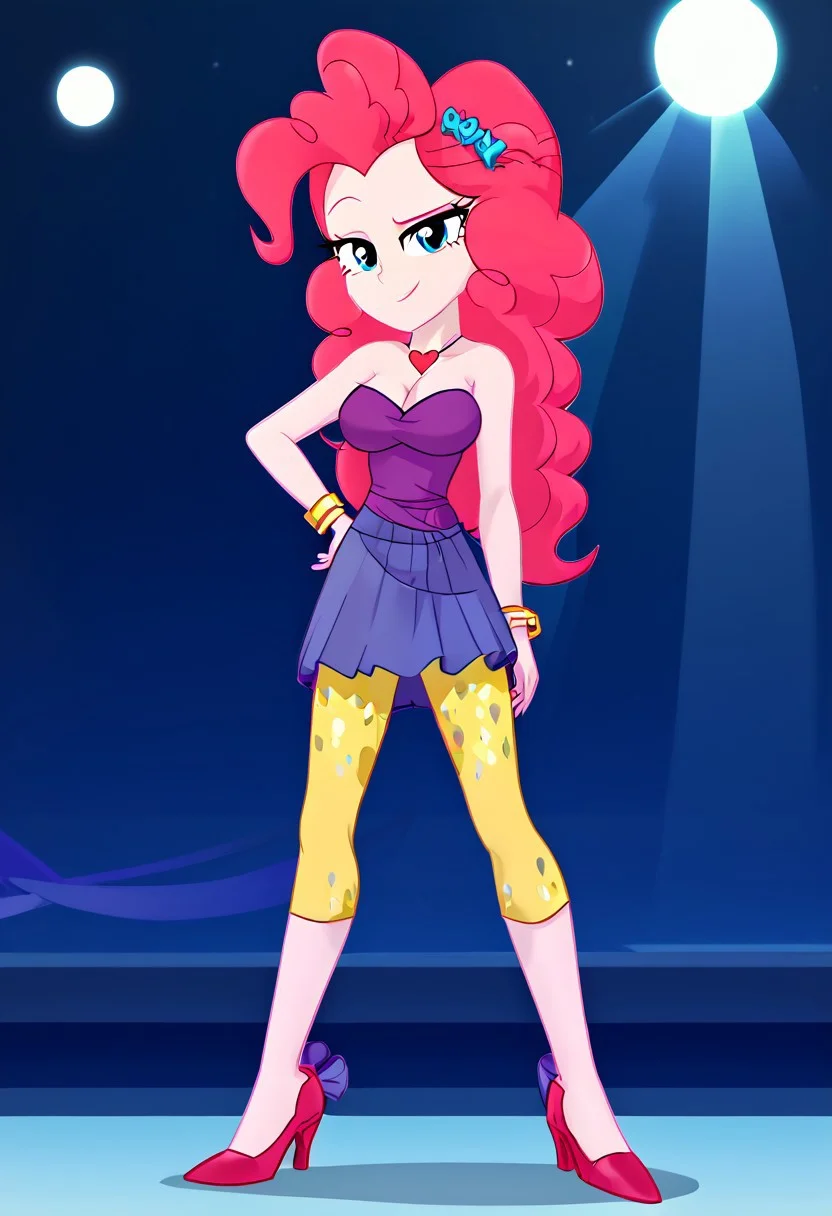 (High Resolution), (More Details), (8K), (High Resolution), NEGATIVE_HANDS, Score_9, Score_8_up, Score_7_up, Volumetric lighting, Intricate, Pinkie pie, equestria girls, 1 girl, Bracelets, skirt, skirt rah rah Purple sleeveless dress, off the shoulder, Strapless, yellow capris tights with colored spots, high heels, Full body, Sexy and sensual model body, pose, seductive and flirtatious look, beautiful, attractive, Mature body, big breasts, Heart necklace