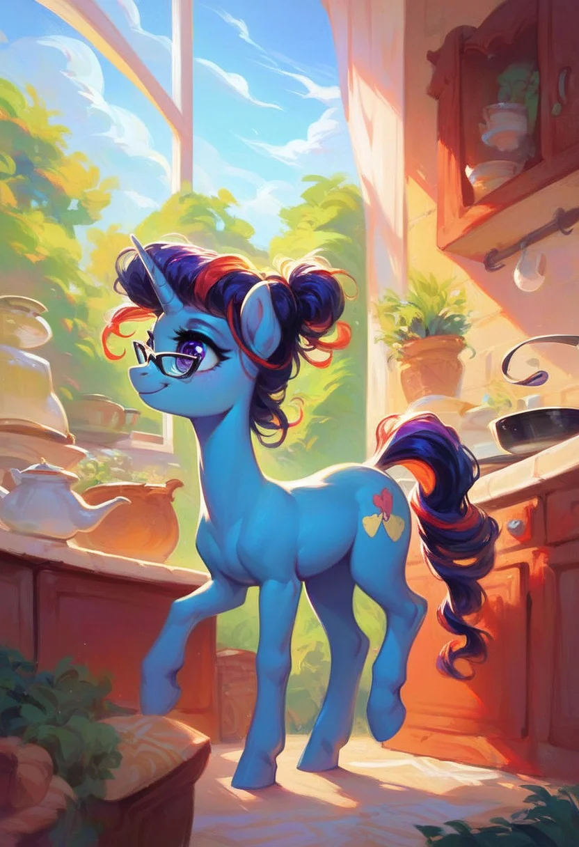 masterpiece, score_9, score_8_up, score_7_up, (best quality:1.1), ultra-detailed, high resolution, 1girl, purple eyes, blue skin, long messy hair, dark blue hair, purple hair,red hair, three colored hair,1girl, black framed glasses, (((beautiful detailed eyes))), Highly Visible, long eyelashes, , (((8k))), pony, feral, MLP, G4, female, sharp focus, perfect lighting, anatomically correct, extremely detailed, high detail, cheer up smile, cooking pancakes at oven, tea pot, tea cup, SFW, Expressive, full body view, detailed background, 3/4 side view, OverallDetail, zPDXL2, (summer kitchen background:1.4), indoors, cooking dress