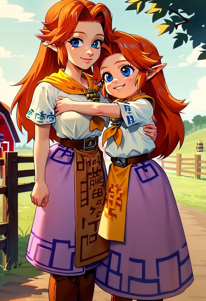 score_9, score_8_up, score_7_up, score_6_up, malon,cremia,2girls,1child,1adult,hugging,duo,malon and cremia hugging,smile,farm,horse pen BREAK 
Malon,child,white shirt,short sleeves,boots,belt,white skirt,long skirt,brown belt,yellow neckerchief BREAK 
Cremia,adult, white shirt,short sleeves,boots,belt,purple skirt,long skirt,brown belt,yellow neckerchief,