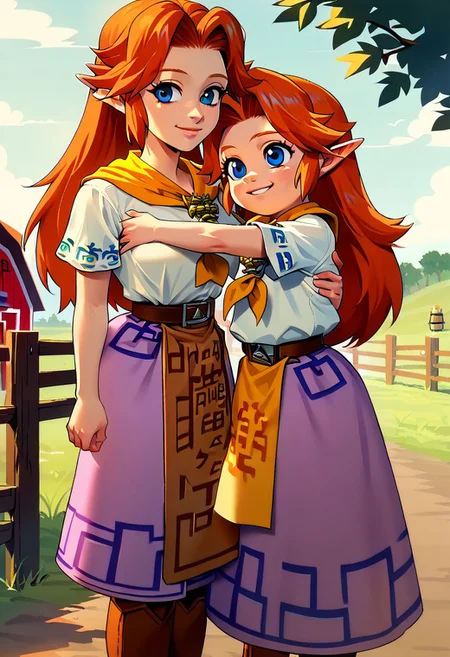 score_9, score_8_up, score_7_up, score_6_up, malon,cremia,2girls,1child,1adult,hugging,duo,malon and cremia hugging,smile,farm,horse pen BREAK
Malon,child,white shirt,short sleeves,boots,belt,white skirt,long skirt,brown belt,yellow neckerchief BREAK
Cremia,adult, white shirt,short sleeves,boots,belt,purple skirt,long skirt,brown belt,yellow neckerchief,