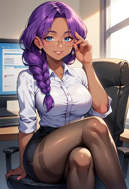 score_9, score_8_up, source_anime, 1girl, solo, ChaMmVT, mature female, blue eyes, mole under mouth, purple hair, long hair, braided ponytail, hair over shoulder, dark skin, office lady, black pantyhose, sitting, office, crossed legs, seductive smile, shirt, pencil skirt, computer, glasses, hand on eyewear, <lora:ChamChaChaPonyXL:1>
