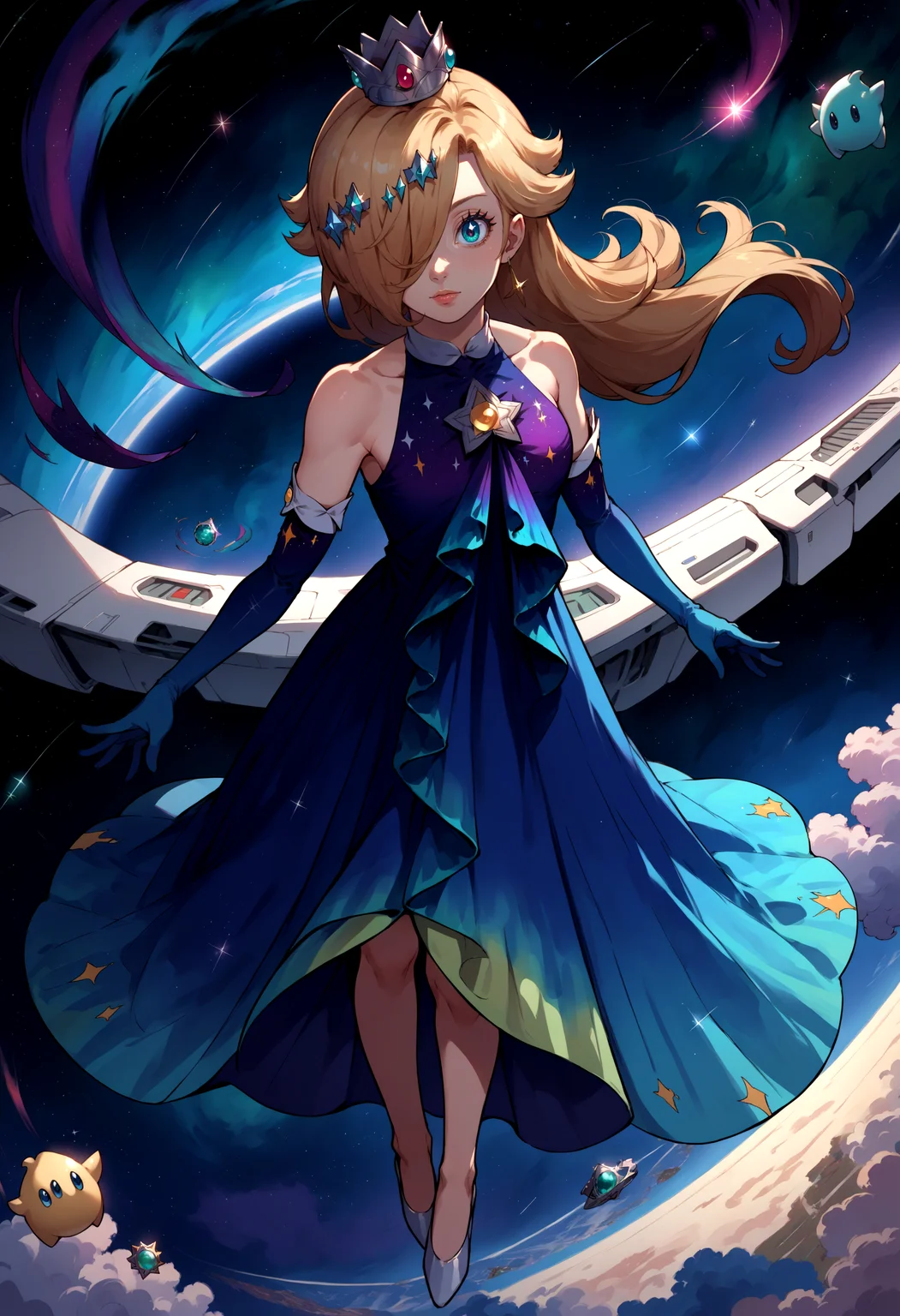 score_9, score_8_up, score_7_up, source_anime, 1girl, RslnAurora, hair over one eye, crown, bare shoulders, elbow gloves, blue dress, <lora:Rosalina_XLPD:1>, galaxy, space, in space, spacecraft, floating, looking at viewer,