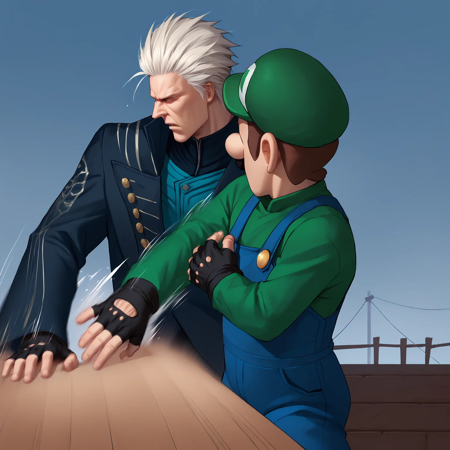 score_9, score_8_up, score_7_up, slapping, motion lines, motion blur, 2boys, <lora:WillSmithSlappingMeme_pdxl_Incrs_v1:0.55>, upper body,
BREAK <lora:dmc5_vergil_ponyXL:1> dmc5vergil, black coat, fingerless gloves,
BREAK <lora:Luigi_XLPD:1> Incrsluigi, luigi, green headwear, blue overalls, white gloves, long sleeves