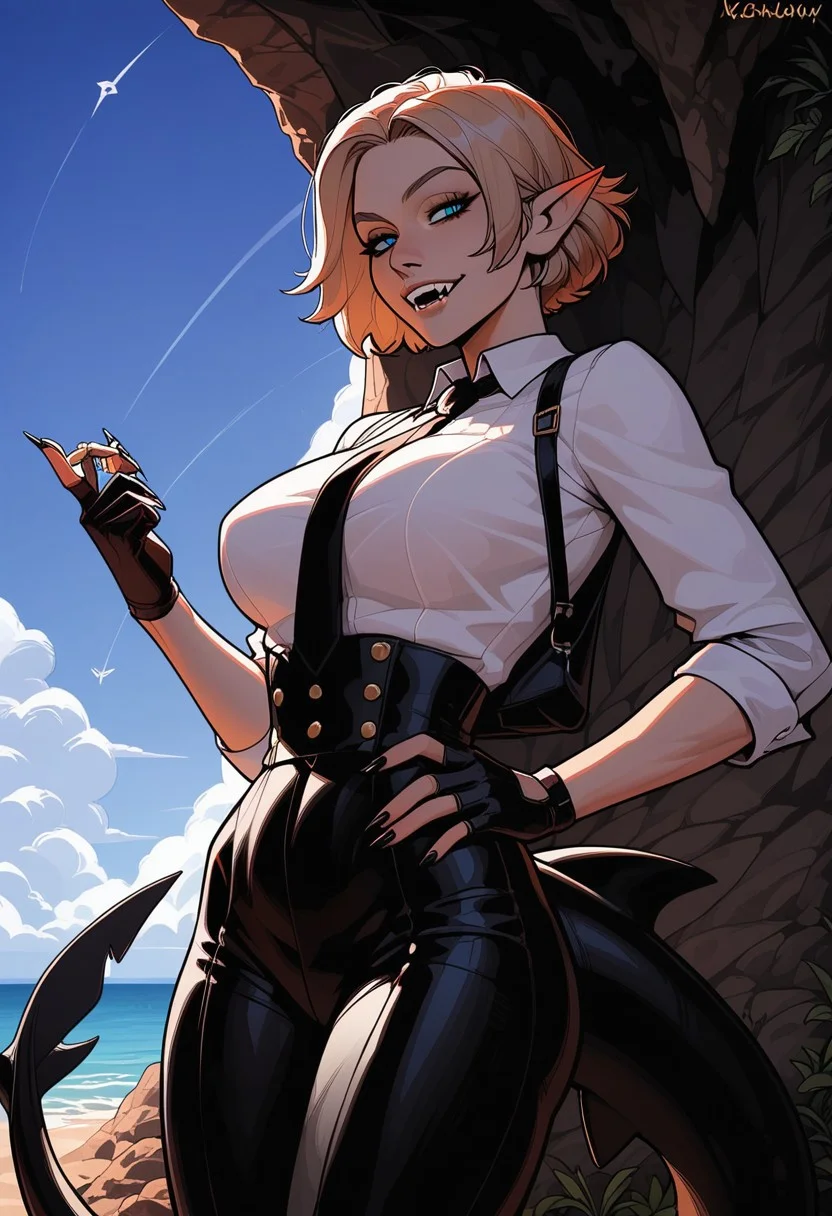 score_9, score_8_up, score_7_up, score_6_up, score_5_up, score_4_up, source_cartoon, rating_explicit, masterpiece, invncbl, absurdres, (high quality), detailed skin, detailed character design, ultra-high resolution, perfectly composed, clear, breathtaking attention to detail, highres, ultra detail, uncensored, detailed background, BREAK, 1girl, 20 age, expressiveh, sporty, big breast, Beige Hair, Very Short Curtain Hair, hair intakes, parted bangs, Blue Eyes, slit pupils, small pointy ears, short ears, thighs, fit body, medium thighs, medium hips, toned, necktie, gloves, suit, fedora, white shirt, black vest, black pants, coat, sharp claws, ((big black shark tail)), (extremely detailed face and eyes), ocean, brows up, short canine fangs, mouth, horny, outdoors, cave, seductive, looking at viewer, black nails, skindentation, unique angle, unique perspective, dramatic angle,