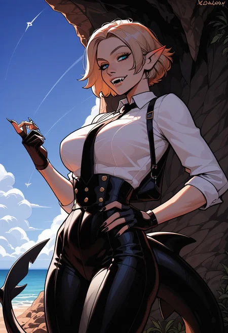 score_9, score_8_up, score_7_up, score_6_up, score_5_up, score_4_up, source_cartoon, rating_explicit, masterpiece, invncbl, absurdres, (high quality), detailed skin, detailed character design, ultra-high resolution, perfectly composed, clear, breathtaking attention to detail, highres, ultra detail, uncensored, detailed background, BREAK, 1girl, 20 age, expressiveh, sporty, big breast, Beige Hair, Very Short Curtain Hair, hair intakes, parted bangs, Blue Eyes, slit pupils, small pointy ears, short ears, thighs, fit body, medium thighs, medium hips, toned, necktie, gloves, suit, fedora, white shirt, black vest, black pants, coat, sharp claws, ((big black shark tail)), (extremely detailed face and eyes), ocean, brows up, short canine fangs, mouth, horny, outdoors, cave, seductive, looking at viewer, black nails, skindentation, unique angle, unique perspective, dramatic angle,