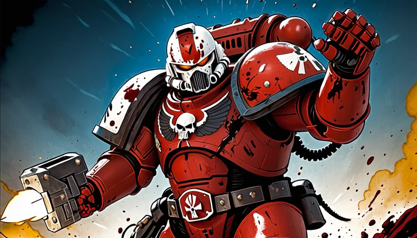 (illustration), Space Marine from the Flesh Tearers chapter, red power armor with white helmet, blood stains chainsword in his right hand, action pose, charging into battle, upper body, comic book \(style\), cel shading, bold outlines, vibrant colors, dynamic composition, dramatic, [[splash page]], expressive, line art, extremely detailed, warhammer 40k,
 <lora:Astartes-000007:1>