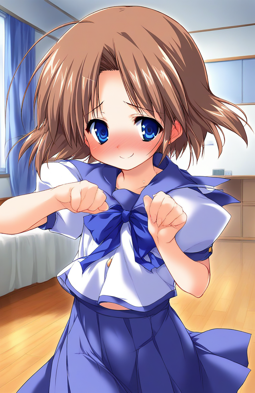 score_9, score_8_up, score_7_up, source_anime, rating_explicit, BREAK   <lora:Shiki_Akimi_Ver2.0_XL:1> ShikiAkimi, brown hair, blue eyes, short hair, short stack,
 solo, school uniform, blue skirt, long skirt, 
room, flooring, curtain, 
full-face blush, embarrassed, motion lines, motion blur, smile, happy,
looking at viewer, 
cowboy_Shot,