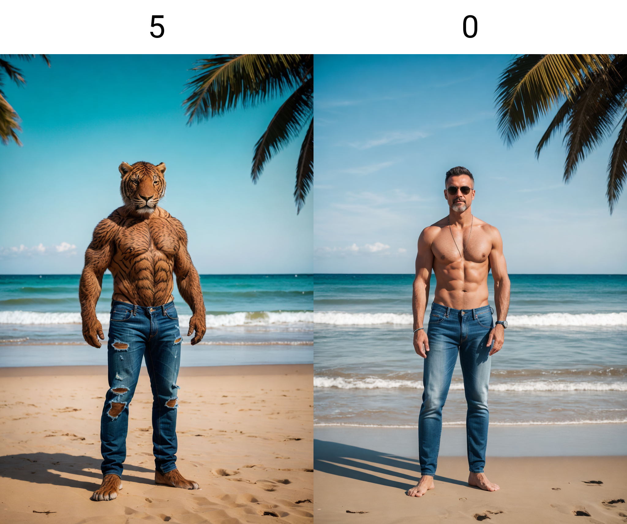 RAW photo, ultrares, man, 8k, 4k, detailed, in beach, topless, standing <lora:tiger_slider_v10:5>, looking at viewer, jeans