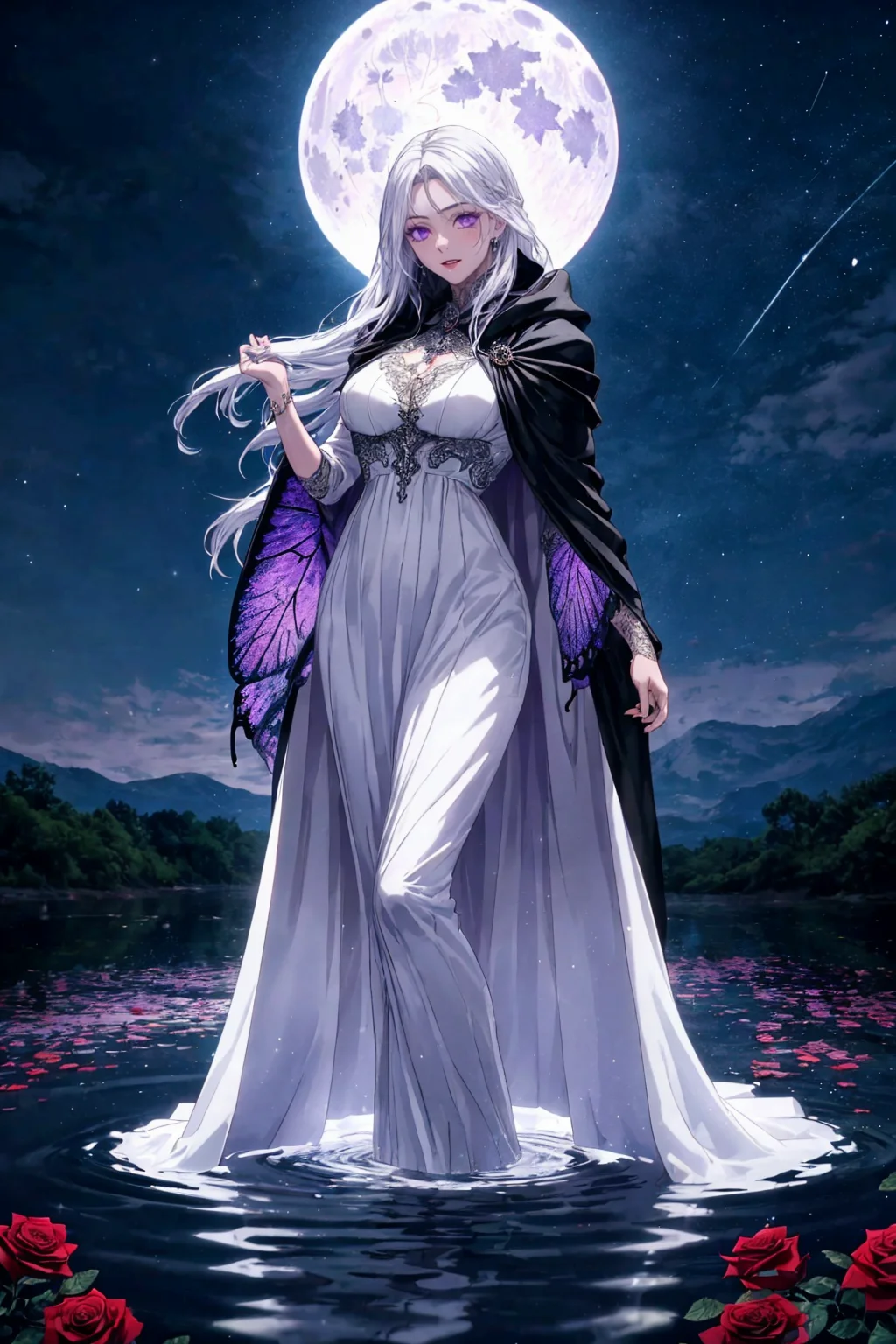 anime screencap, ultra high detail, 1girl, standing on water, confident pose, white dress, purple details, black cloak, long flowing white hair, intricate details, full moon, butterflies, night sky, roses, natural lighting, perfect proportions, realistic hands, vibrant colors
<lora:add_detail:0.4> <lora:backlight_slider_v10:-1.3>