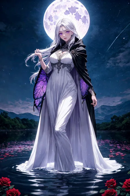 anime screencap, ultra high detail, 1girl, standing on water, confident pose, white dress, purple details, black cloak, long flowing white hair, intricate details, full moon, butterflies, night sky, roses, natural lighting, perfect proportions, realistic hands, vibrant colors
<lora:add_detail:0.4> <lora:backlight_slider_v10:-1.3>