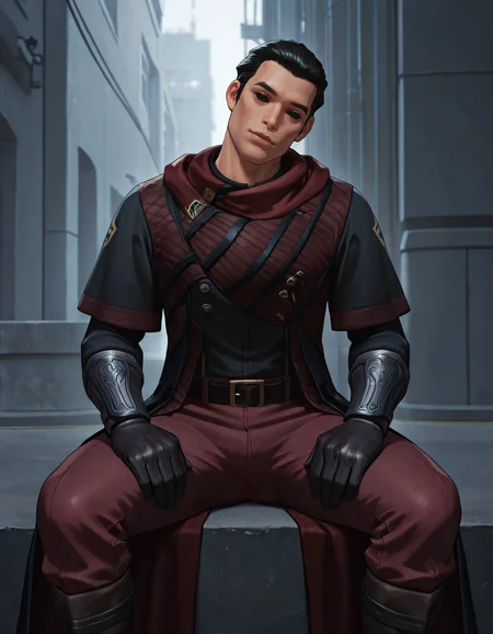 cinematic_depth, 8k, soft_lighting, warm_glow, ultra_high_quality, masterpiece, best quality, newest, perfect quality, best quality, detailed background, intricate details, male focus, solo, realistic, <lora:SWTOR - Vector Hyllus - Illustrious-000004:0.7>, swtor_vector, 1boy, black hair, short hair, sideburns, solid eyes, (black sclera:1.1), long coat, belt, red pants, boots, wrist bracers, gloves, outdoors, upper body, outdoors, three quarter view, looking at viewer, (head tilt:1.1), sitting, on wall