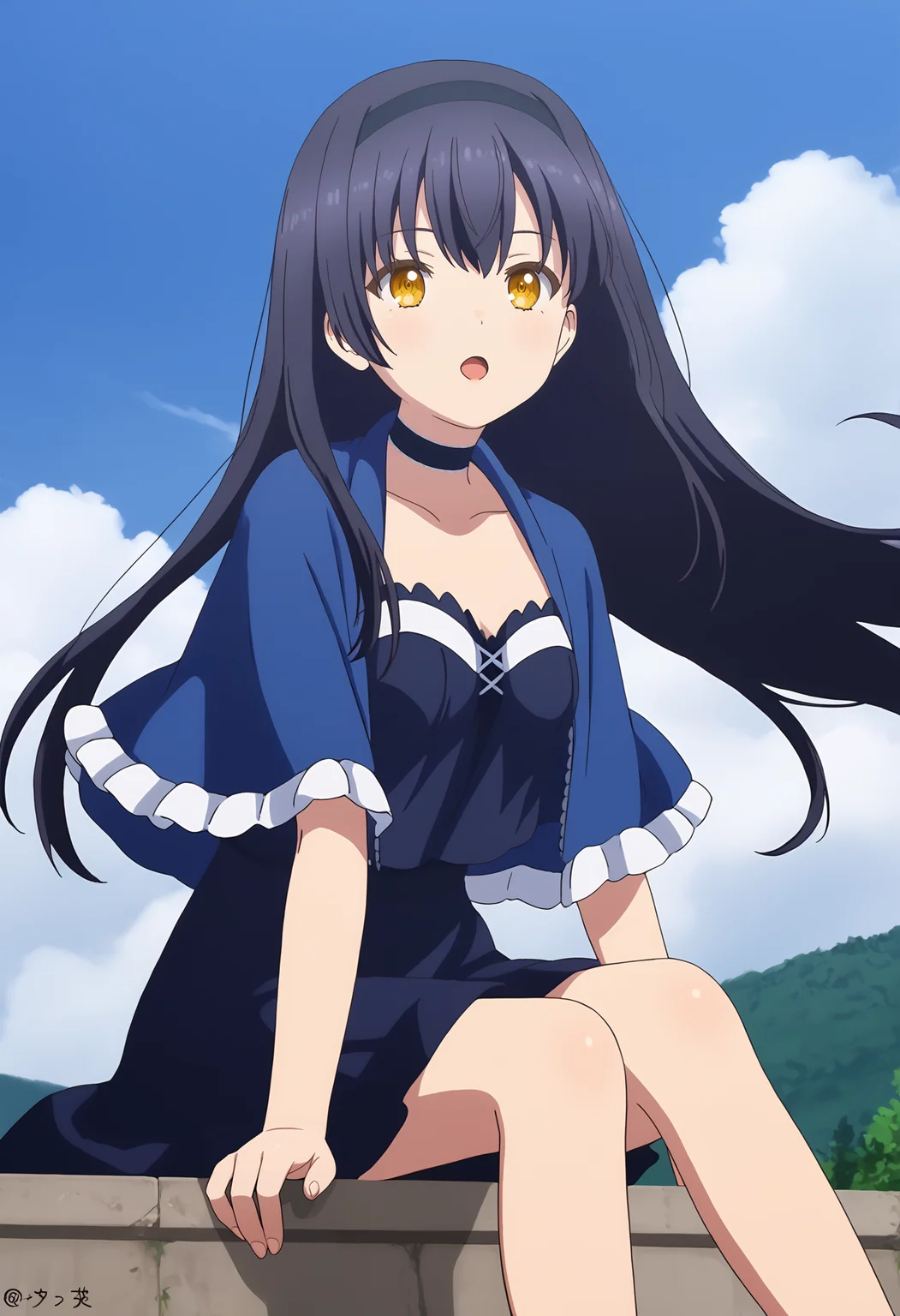 <lora:Kushima Kamome_pony-000050:1>,
Kushima Kamome,1girl,solo,hairband,outdoors,open mouth,choker,capelet,day,blue capelet,sky,frilled capelet,floating hair,cloud,black choker,sitting,frills,dress,blue sky,looking at viewer,collarbone,breasts,:o,skirt,very long hair,feet out of frame