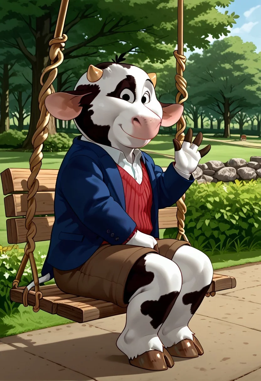 score_9, score_9_up, solo, 1boy, anthro, male, cow, pink nose, small horns, floppy ears, black and white fur, cow pattern fur, cow spots, white shirt, red jumper, brown shorts, blue blazer, brown hooves, cow tail, sitting on a swing, waving, smiling, outdoors, park, forest, Expressiveh