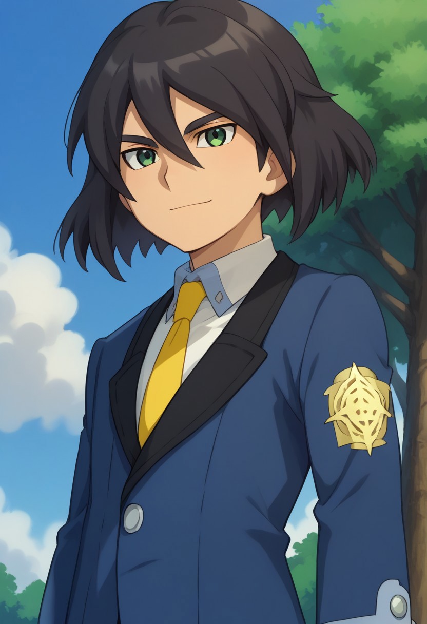 score_9, score_8_up, score_7_up, source_anime, highly detailed, 
haruki, 1boy, male focus, solo, black hair, hair between eyes, green eyes, school uniform, jacket, blue jacket, long sleeves, shirt, white shirt, collared shirt, necktie, yellow necktie, light smile
outdoor, sky, tree