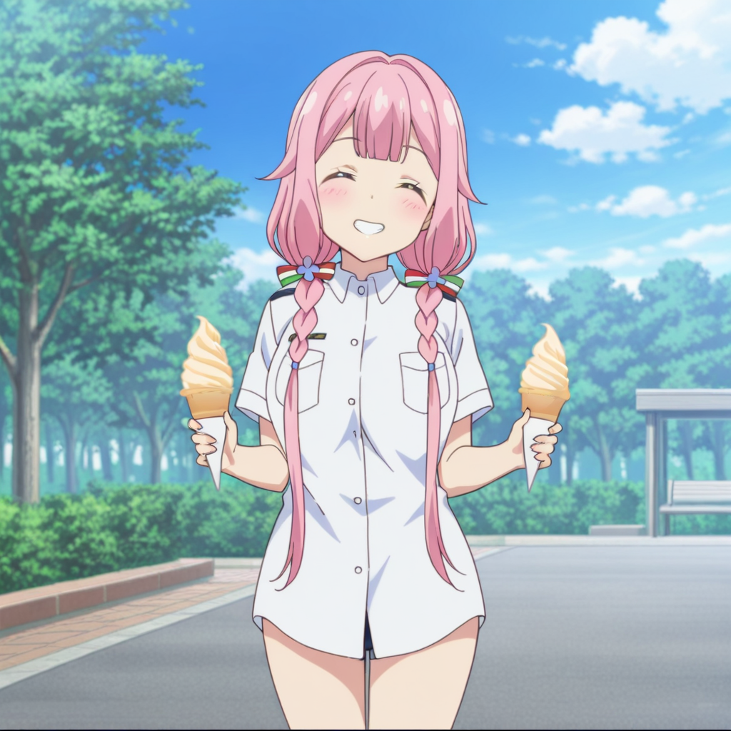 nsfw, masterpiece, best quality, 1girl, solo, warlords_of_sigrdrifa_watarai_sonoka, standing, uniform, closed eyes, outdoors, holding, food, shirt, white shirt, pink hair, smile, ice cream, twin braids, braid, bangs, blue sky, grin, breast pocket, ice cream cone, long hair, short sleeves, blush, collared shirt, shoes, tree, pocket, cloud,  park, <lora:Watarai_Sonoka_-_Warlords_of_Sigrdrifa:0.7>