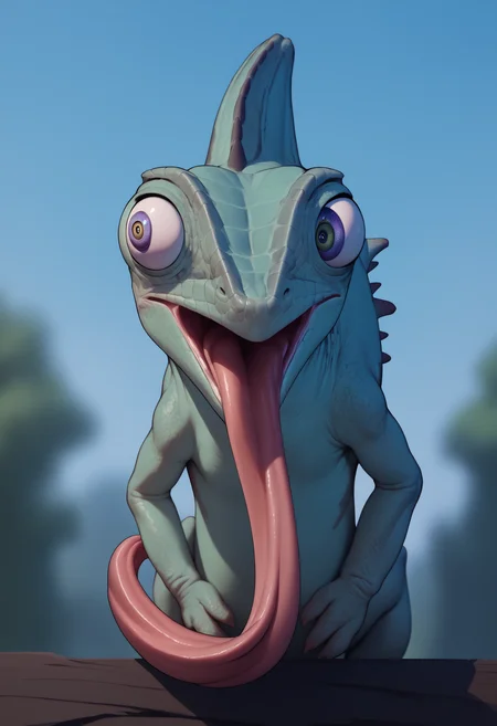 score_9,score_7_up, <lora:ChamChameleonPonyXL:1>, Chameleon, lizard, back spikes, feral, scales, (derp eyes), open mouth, long tongue, front view, looking to the side,