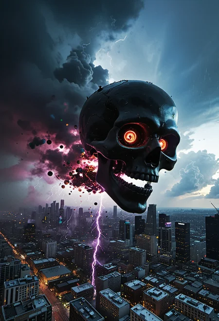 , Hyperrealistic 8K render of a colossal skull-shaped cloud formation looming over a bustling metropolis, casting an eerie shadow. The cloud's eye sockets emit bolts of lightning, while its teeth rain down colorful confetti. City dwellers below react with a mix of awe and amusement, some taking selfies. Cinematic lighting, dramatic perspective, volumetric fog. style photorealistic urban fantasy. ominous yet whimsical. wide-angle cityscape with focus on cloud formation.
