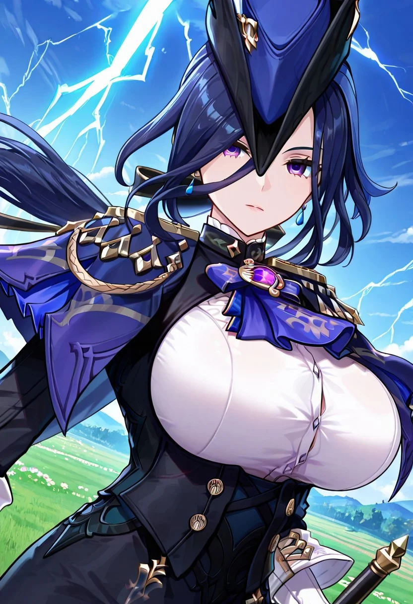 general,highres, ultra-detailed,very aesthetic,best quality ,best hands,best eyes,easynegative,anime_coloring,
dynamic anglre, dutch angle, 
1girl solo,looking at viewer,meadow,sword,take a stand,lightning,
Clorinde,dark blue hair, long_hair, purple eyes, huge_breasts, earrings,hat,impossible clothes,