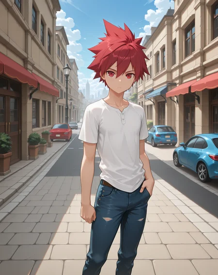 masterpiece,best quality,amazing quality, newest, very aesthetic, absurdres,
1boy, solo, yaoi, male focus, looking at viewer, cowboy shot, standing,
<lora:Elsword_Lord_Knight_ilxl:1> elswordlk, red hair, red eyes, spiked hair, adult,
white shirt, jeans, sneakers,
outdoors, day, blue sky, building, street, road, lamppost, car,