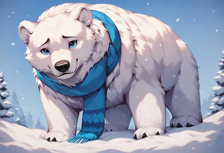 score_9, score_8, score_7, (masterpiece), best quality, expressive eyes, perfect face, fl00ffymadn3ss, (polar bear, feral polar bear), white fur, male, (snow, blizzard), cute pose, scarf, beanie