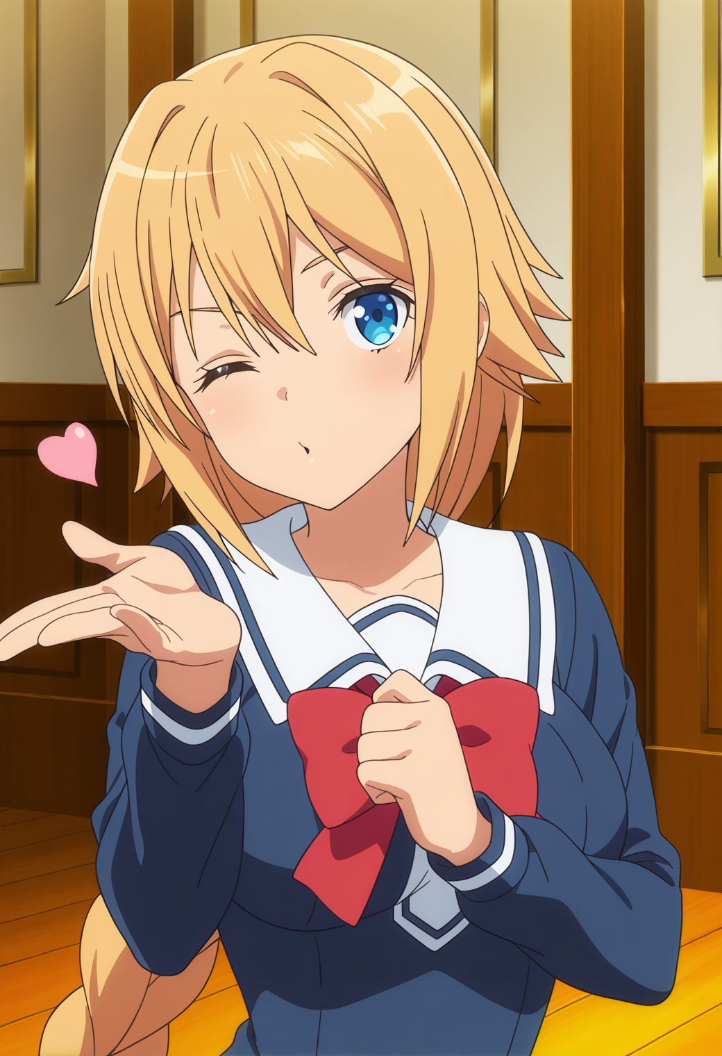 masterpiece, best quality, very aesthetic, absurdres, 1girl, solo,
<lora:dancho_arthur_v02:0.9>, dancho_arthur, dancho_school, blonde hair, very long hair, single braid, long braid, blue eyes, breasts,
school uniform, white sailor collar, long sleeves, red bowtie, posing, blowing kiss, one eye closed, upper body