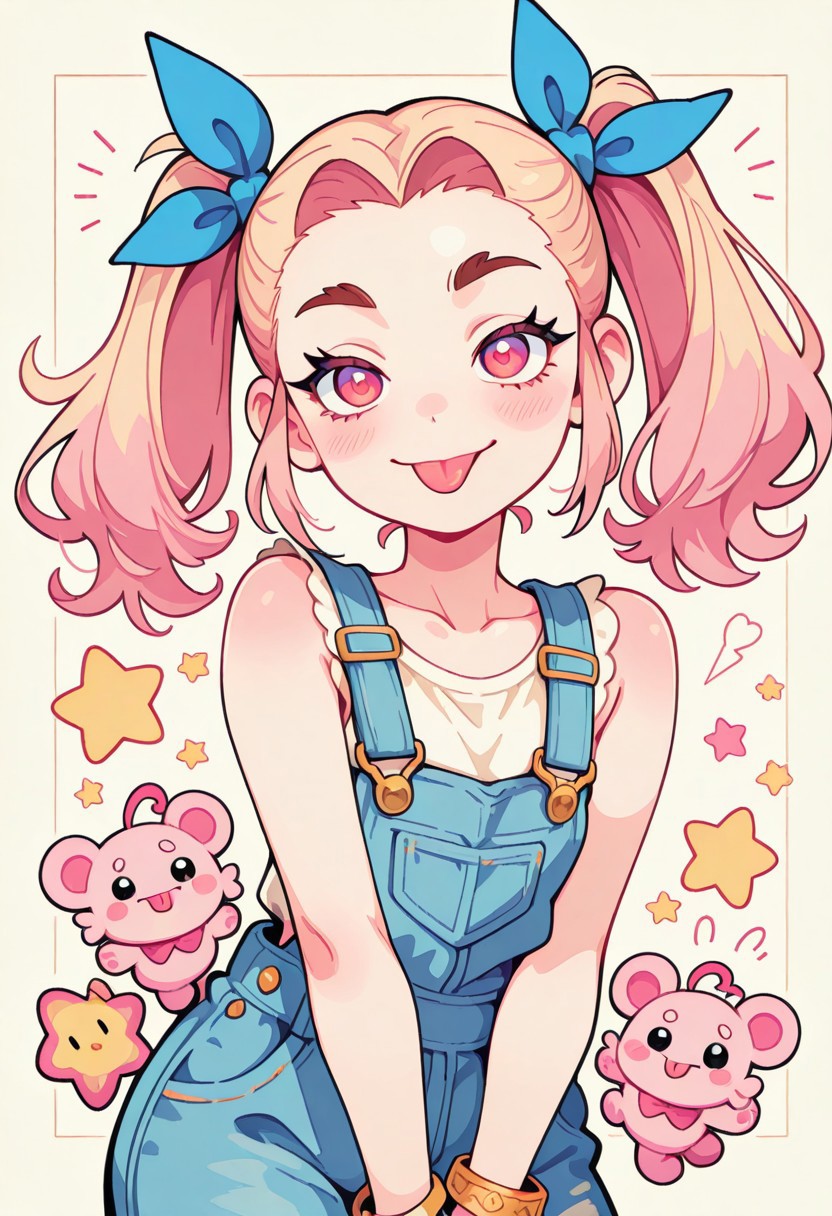 1 girl , solo , blushing , tongue out , closed mouth , bratty smile , thick eyebrow , eyelashes , cute , twintails , winking , star , sleeveless , bracelet , overalls , ribbon , hair ribbon ,
masterpiece, best quality ,amazing quality ,S4bit4mago_illu , Protoneon  ,s0wasow4rt_illu, t1m3r