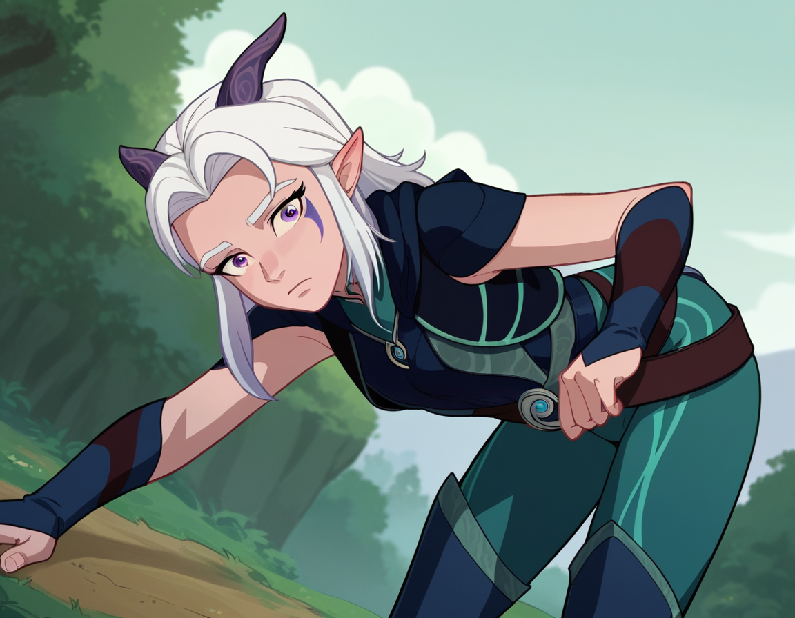 score_9, score_8_up, score_7_up, source_anime,
rayla, <lora:the-dragon-prince-rayla-ponyxl-lora-nochekaiser:1>,
rayla, long hair, white hair, horns, pointy ears, purple eyes,
boots, belt, bodysuit,
outdoors, nature, bent over,
looking at viewer, dutch angle, cowboy shot,