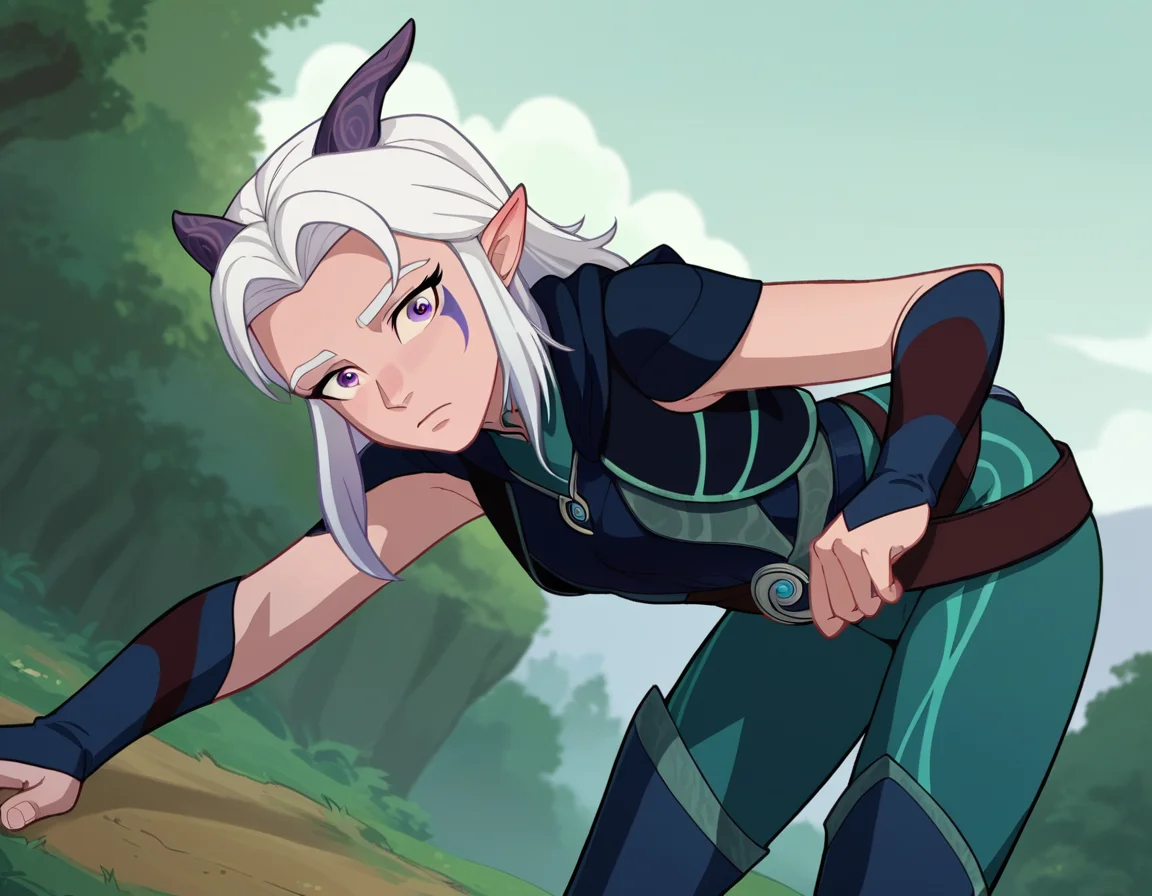 score_9, score_8_up, score_7_up, source_anime,
rayla, <lora:the-dragon-prince-rayla-ponyxl-lora-nochekaiser:1>,
rayla, long hair, white hair, horns, pointy ears, purple eyes,
boots, belt, bodysuit,
outdoors, nature, bent over,
looking at viewer, dutch angle, cowboy shot,