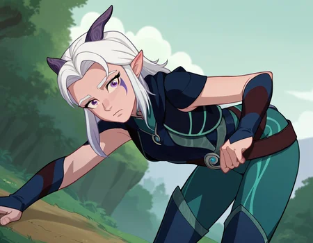 score_9, score_8_up, score_7_up, source_anime,
rayla, <lora:the-dragon-prince-rayla-ponyxl-lora-nochekaiser:1>,
rayla, long hair, white hair, horns, pointy ears, purple eyes,
boots, belt, bodysuit,
outdoors, nature, bent over,
looking at viewer, dutch angle, cowboy shot,