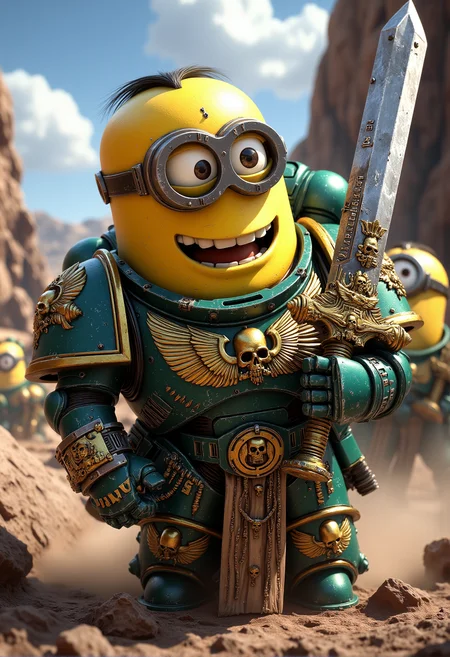 space marine. A tall Minion dressed in power armor in the style of the Ultramarines, with added banana motifs and golden details. The Minion is without a helmet (no helmet:2.0), showcasing their iconic Minion goggles, expressive eyes, and wide smile. The Minion is wielding a power sword with a glowing edge, banana-themed pommel and glowing runes. The Minion is depicted in a scene such as: riding a Space Marine bike, dust trailing behind, while grinning confidently as other Minions follow in similar bikes. The Minion's expression is determined, with goggles slightly askew. The scene should be depicted in a colorful but gritty Warhammer 40k style, with bright yellows and blues to emphasize the Minionsâ classic color scheme. The armor and weapons are detailed with ornate designs, but humor is maintained through Minion-themed accessories and comical touches. Witty details include: a Minion trying to carry a heavy rock with their power fist, visibly straining but refusing to give up. Background elements should resemble classic Warhammer 40k settings but with a humorous Minion twist, such as: a war zone with banana crates mixed among the supply crates, Minions occasionally peeking out. , <lora:sm2.safetensors:1.0:1.0>