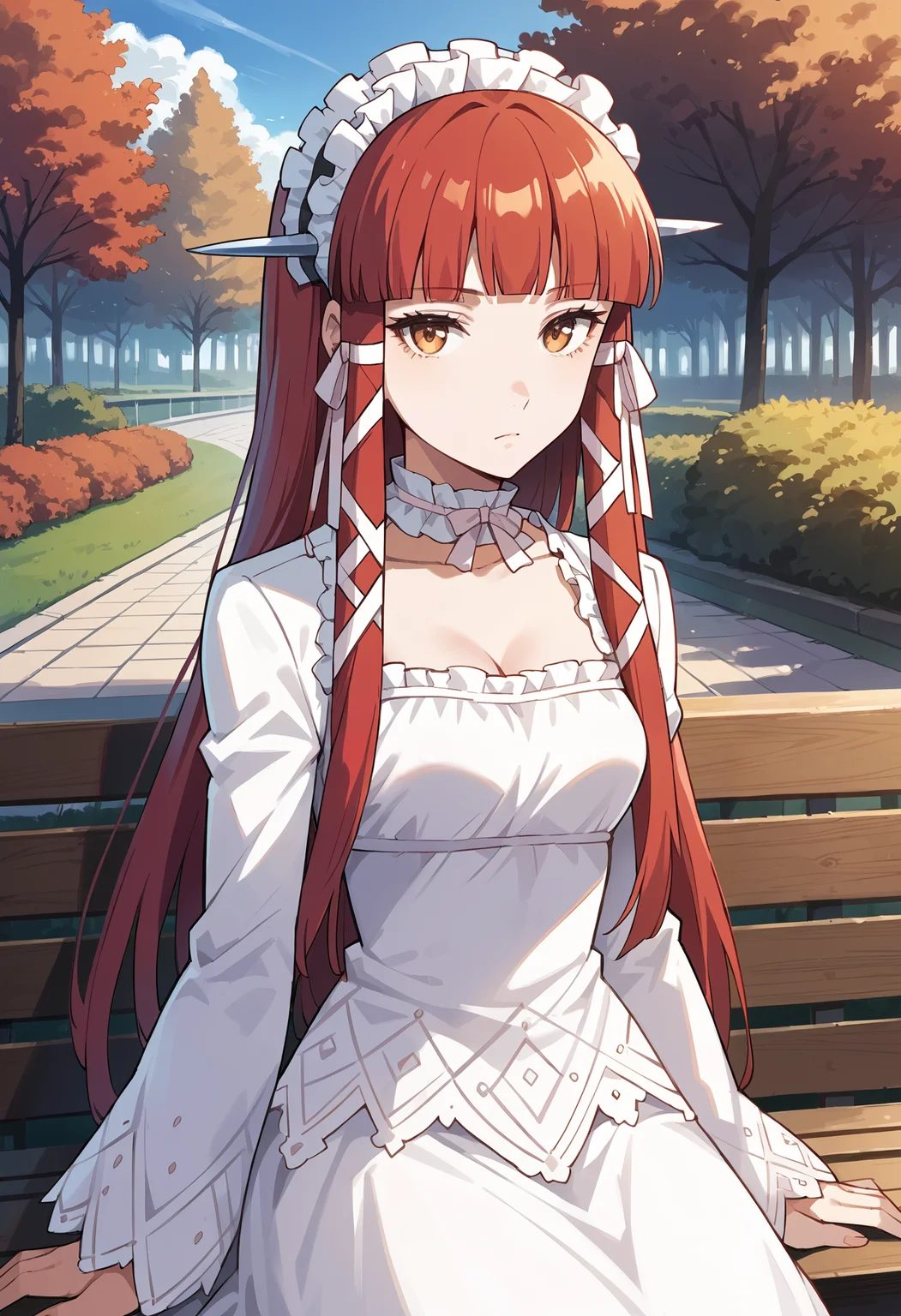score_9, score_8_up, score_7_up, score_6_up, score_5_up, score_4_up, source_anime
(masterwork, masterpiece, best quality, hyper-detailed :1.3),
1 girl, solo,
p3chidori, yellow eyes, red hair, long hair, blunt bangs, headdress, hair tubes, hair ribbon, choker, ribbon choker, dress, white dress, long sleeve dress, long sleeves, frills,
expressionless, looking at viewer, sitting, park bench, cowboy shot,