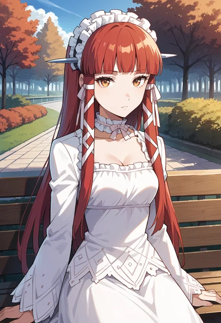 score_9, score_8_up, score_7_up, score_6_up, score_5_up, score_4_up, source_anime
(masterwork, masterpiece, best quality, hyper-detailed :1.3),
1 girl, solo,
p3chidori, yellow eyes, red hair, long hair, blunt bangs, headdress, hair tubes, hair ribbon, choker, ribbon choker, dress, white dress, long sleeve dress, long sleeves, frills,
expressionless, looking at viewer, sitting, park bench, cowboy shot,