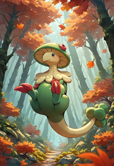 score_9, score_8_up, score_7_up, score_6_up, solo, Breloom, mushroom head, two claws, tail, Pokemon (creature), green body, forest, trees, falling leaves, light though trees, Expressiveh