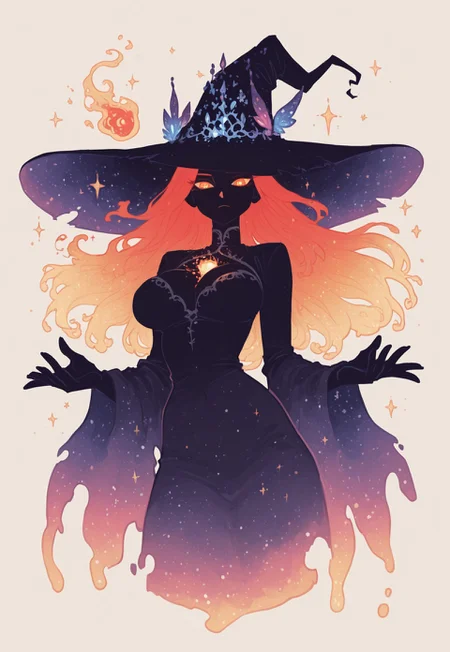 score_9, score_8_up, score_7_up, masterpiece, best quality, very aesthetic, detailed face, (dynamic:1.2), stylized, illustration, 1woman, dynamic pose, small nose, highres, absurdres,<lora:ck-shadow-circuit-IL:0.3> in the style of cksc, <lora:Rapscallion_Illustrious:0.25>, Rapscallionstyle, <lora:incoth:0.25>, incoth, (incase:0.6), <lora:r17329_illu:0.3>, r17329_illu, <lora:mon_monmon2133:0.2>aaa,  1girl, witch, modern witch, holographic holofoil glitter sparkles, faint, glowing, ethereal, neon hair, glowing hair, long hair, amber eyes, Mera Mera, sentient flame, , looking at viewer,  <lora:flatline_v2_-_Illus_x_Niji:0.6> Flatline, Flat vector illustration