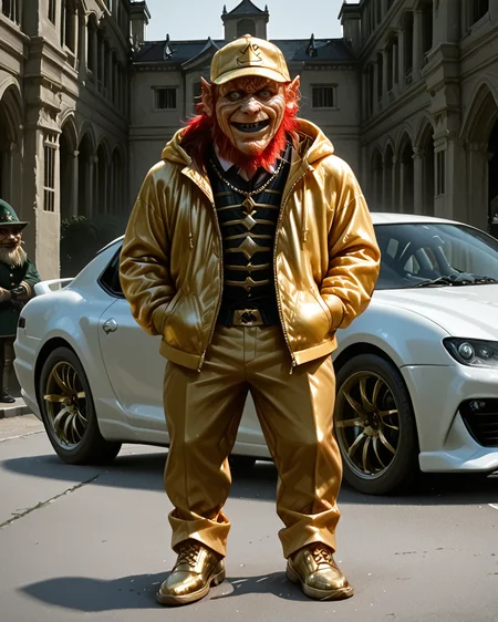 standing on the car, against the backdrop of a mansion, many sports cars, <lora:Leprechaun_Illustrious:1>, Llepr3echa1un4, 1eprehau1_n, hands in pockets, solo,boy wrinkled skin, gnome, (gold hoodie:1.3), gold baseball cap, gold pants, gold shoes, black teeth, black lips, long hair (ponytail), red hair, beard, green eyes, no human, horror movie, realistic, monster, horror (theme), male, angry smile, smug, <lora:hand 4:1>, cyberpunk style, (cyberpunk clothing:1.3), gold chain the neck