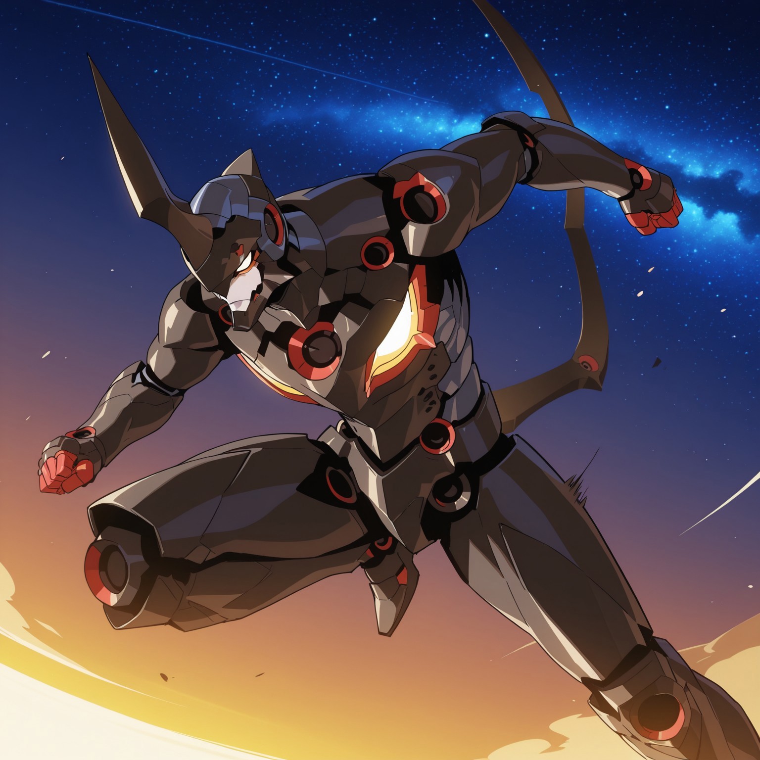 2d, solo, Lazengann, mecha, mechanical tail, humanoid, single horn, black armor, multicolored armor, helmet, tall, yellow eyes, no pupils

BREAK outside, outdoors, speed lines, soaring, space

BREAK best quality, amazing quality, very aesthetic, absurdres, newest, masterpiece, high quality 