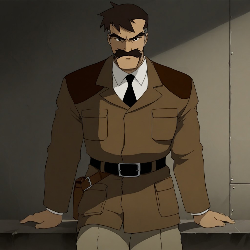 High quality, masterpiece, 1boy, solo, barsac, moustache, facial hair, black eyes, brown hair, uniform, military, black necktie, belt, thick eyebrows