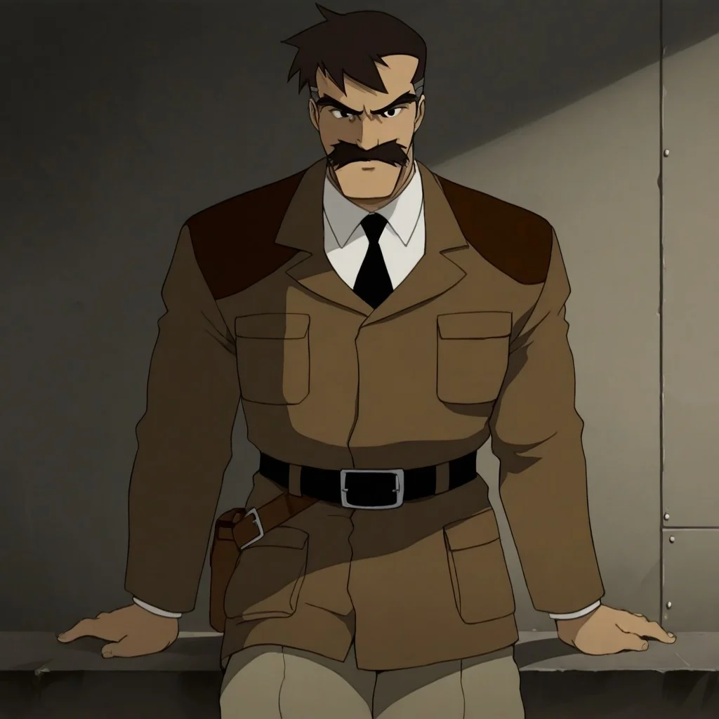 High quality, masterpiece, 1boy, solo, barsac, moustache, facial hair, black eyes, brown hair, uniform, military, black necktie, belt, thick eyebrows
