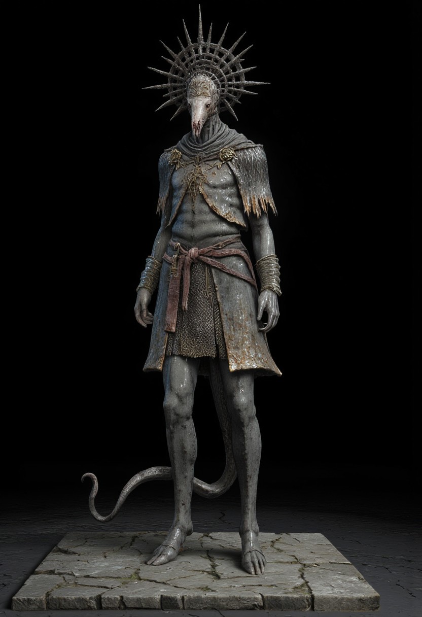 malformed hobo Miner lizardman in a roman soldier armor mixed with legionnaire attire, cobra and crocodile shaped skull, elongated neck,  horse hoofs instead of legs
Standing on a flat ground
Set against a solid dark black color background to emphasize its unsettling unnatural form that emphasizes its silhouette. The medium is not a traditional painting or illustrative medium like watercolor or ink but rather a digital 3D rendering.
MikeFranchinastyle, bbstyle,, horror theme,, ZBClay model of a gray sculpture, zbrush, d4arks0uls, overcast lighting